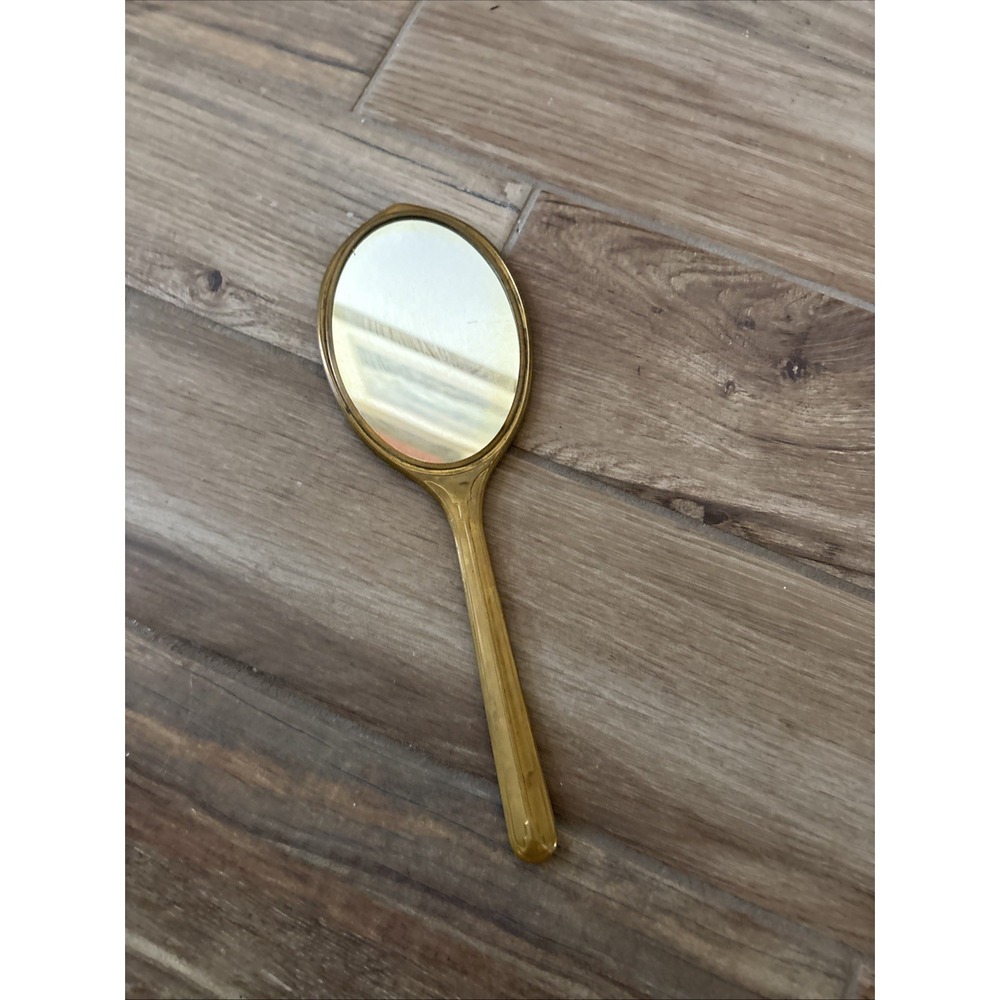 Antique Oval Brass Vanity Hand Mirror 13 Inch Vintage Gold Tone Dressing Table